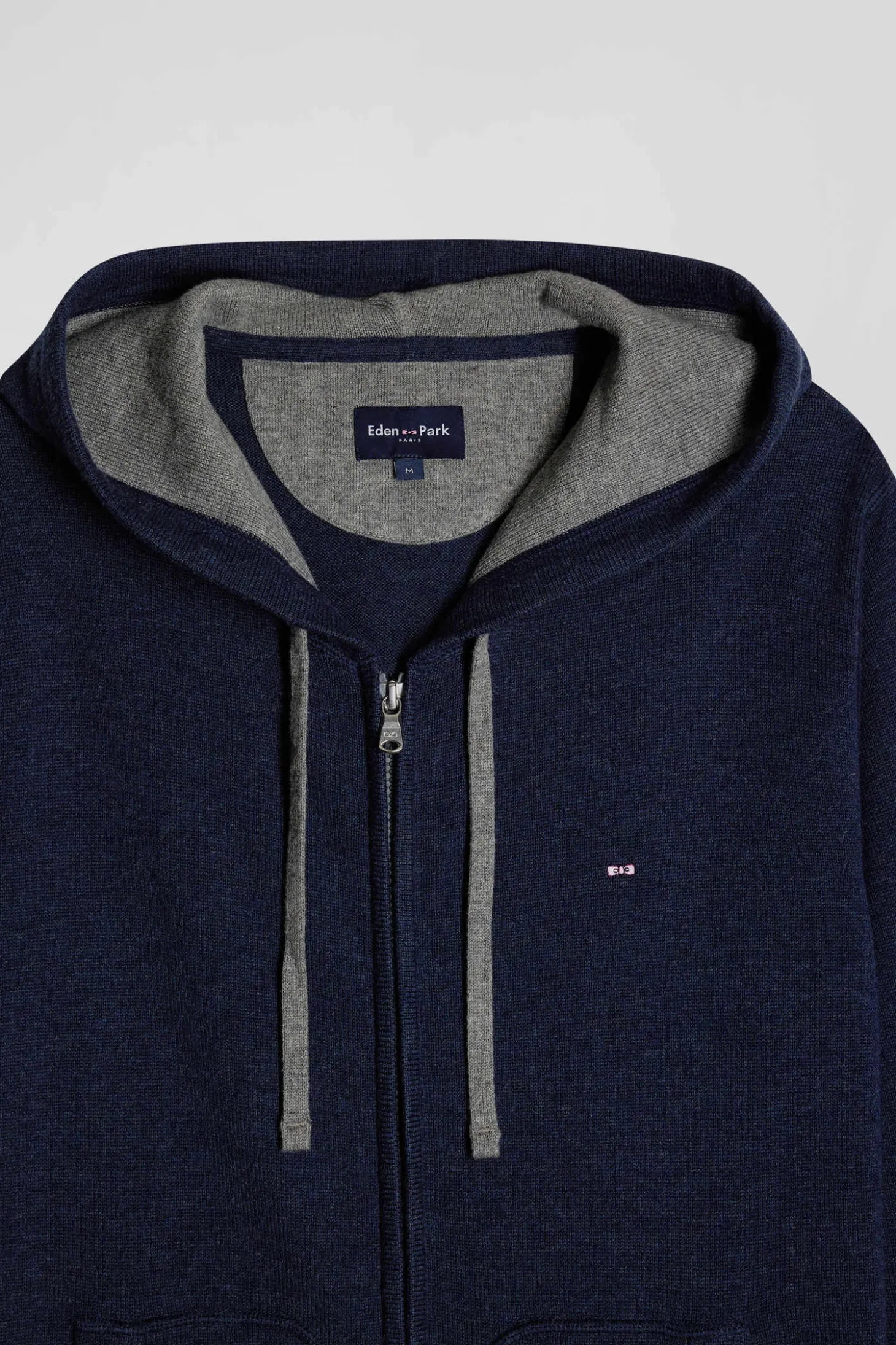 Regular navy blue wool and cotton knitted zip-up jumper