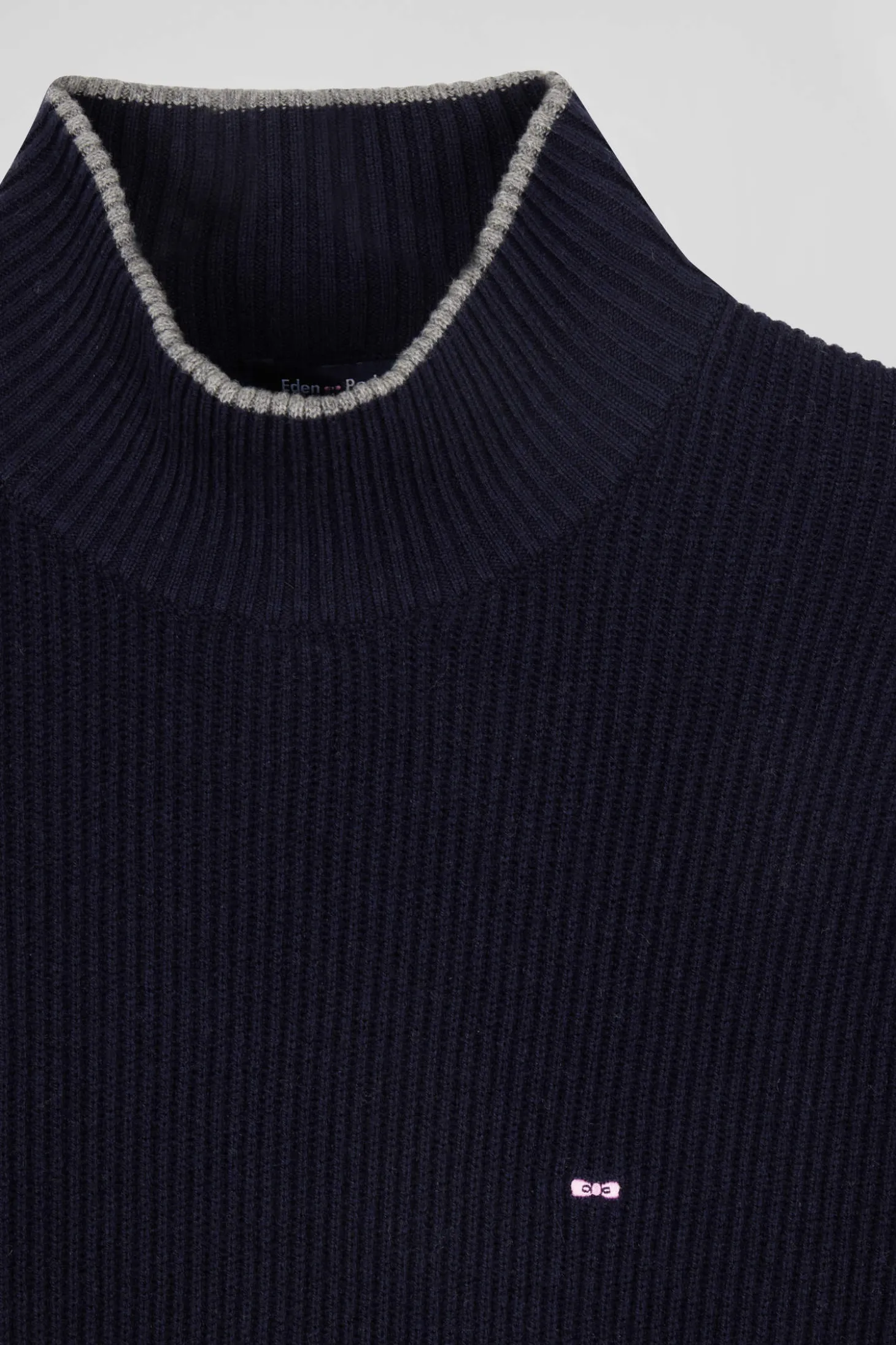 Regular navy blue wool and cotton high-neck jumper