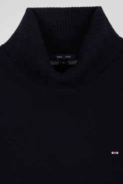Regular navy blue wool and cotton turtleneck jumper