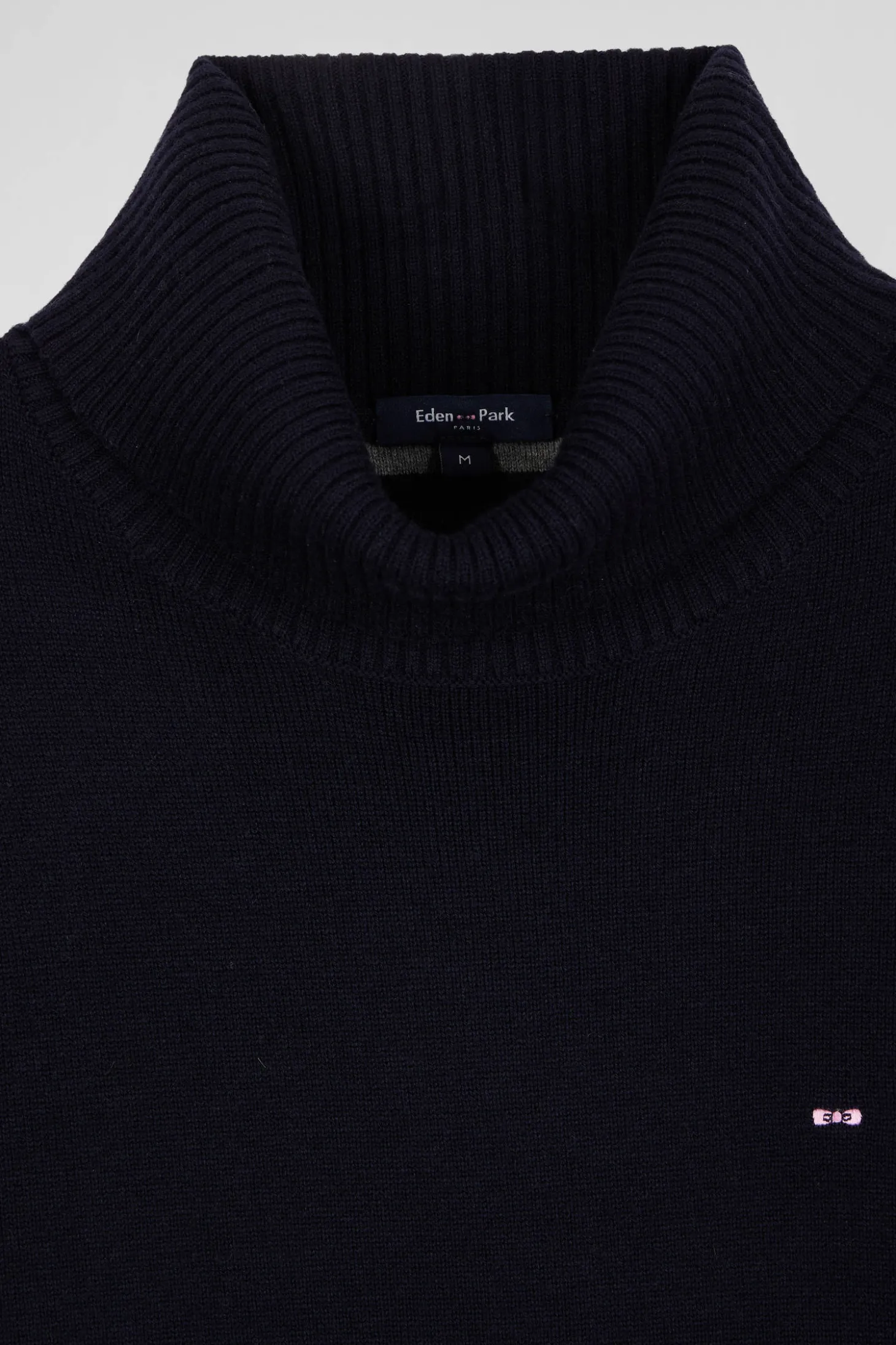 Regular navy blue wool and cotton turtleneck jumper