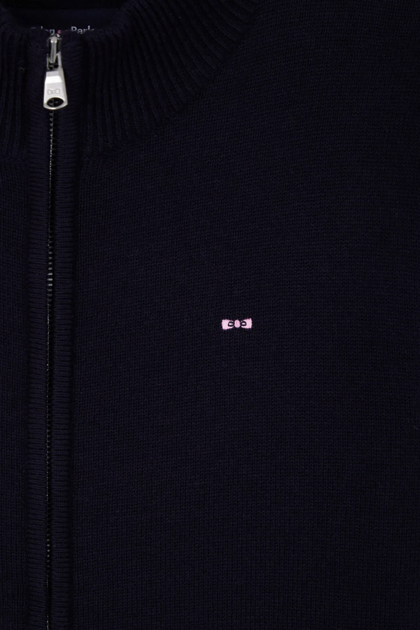 Regular navy blue wool and cotton high collar zipped cardigan