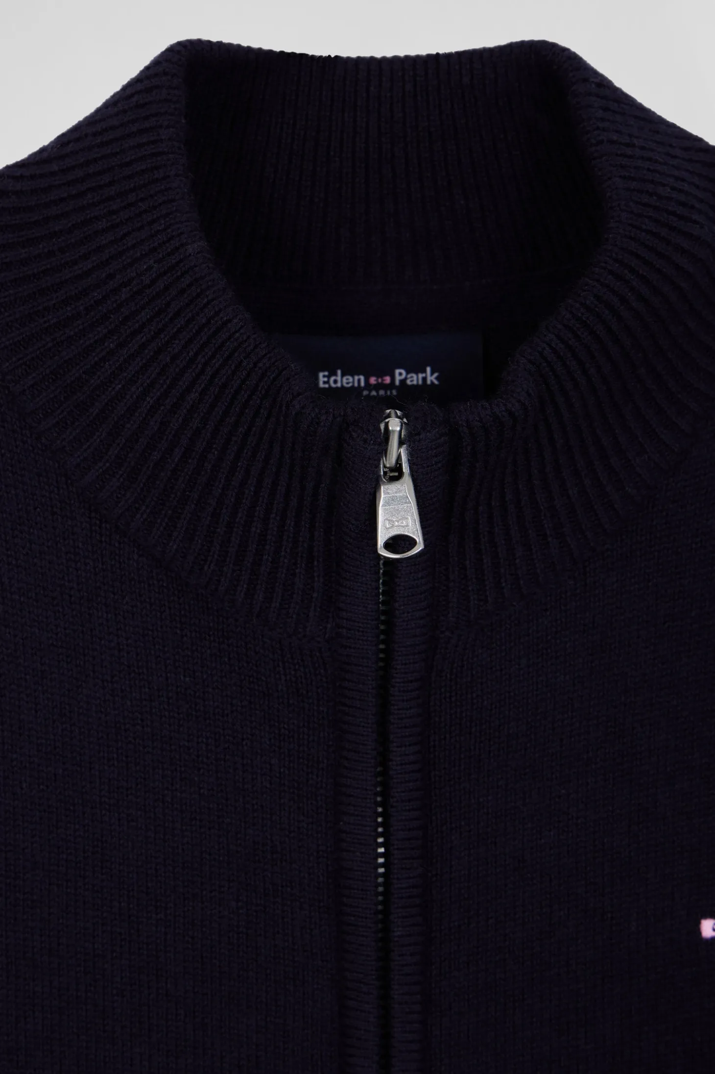 Regular navy blue wool and cotton high collar zipped cardigan