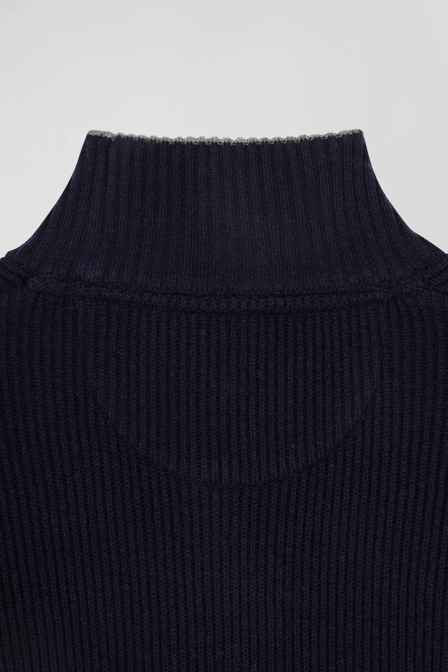 Regular navy blue wool and cotton high-neck jumper