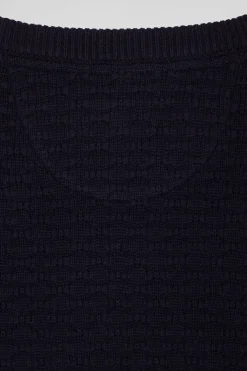 Regular navy blue wool and cotton crew neck jumper with micro bow tie effect