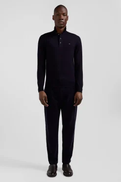 Regular navy blue wool jersey jumper with rugby shirt collar