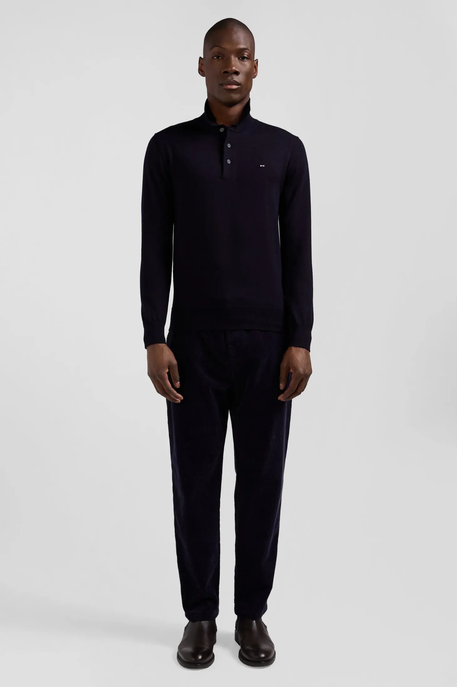 Regular navy blue wool jersey jumper with rugby shirt collar