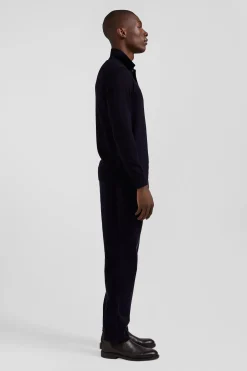 Regular navy blue wool jersey jumper with rugby shirt collar