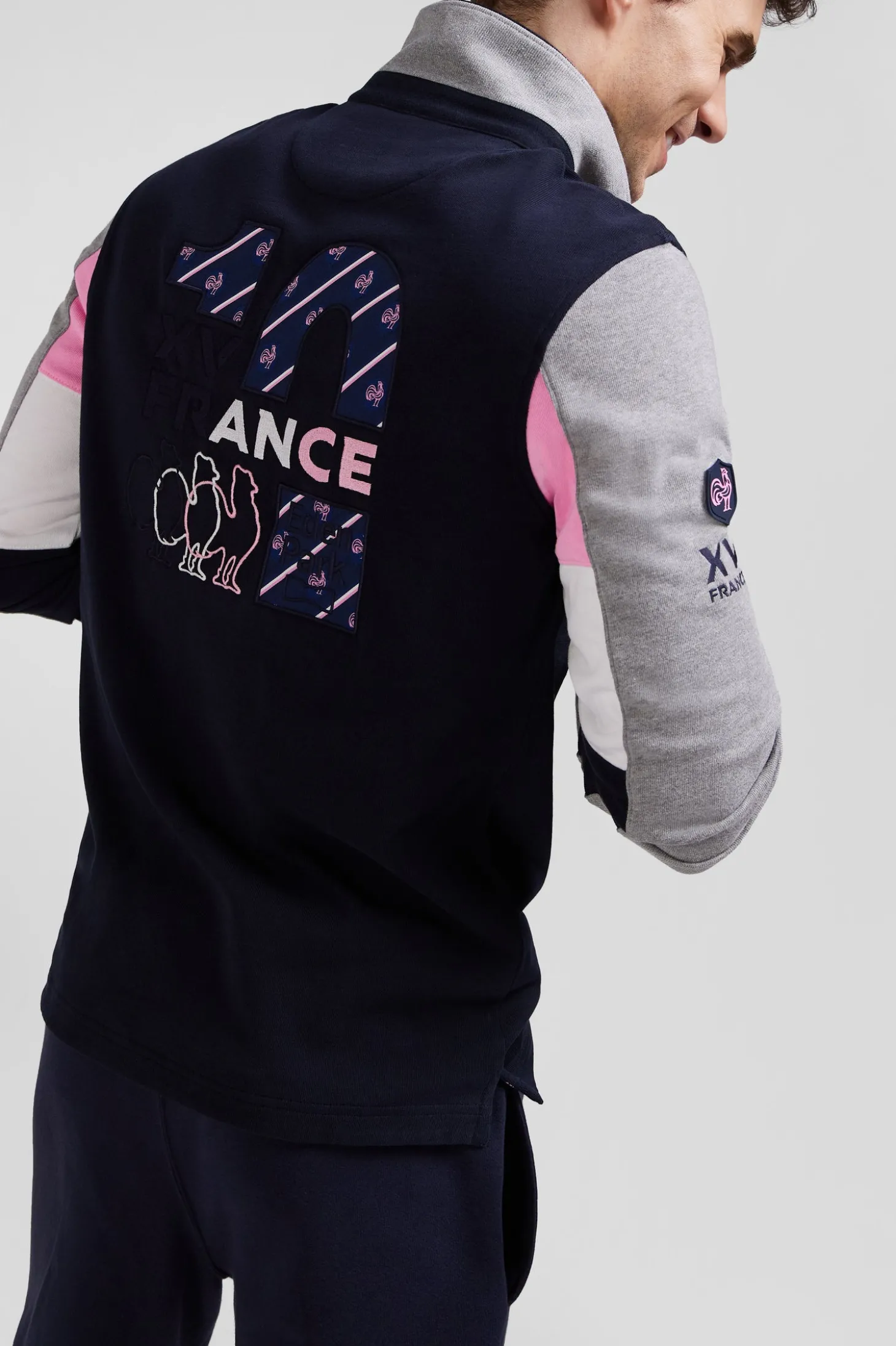 Regular navy blue XV de France long-sleeved cotton rugby shirt