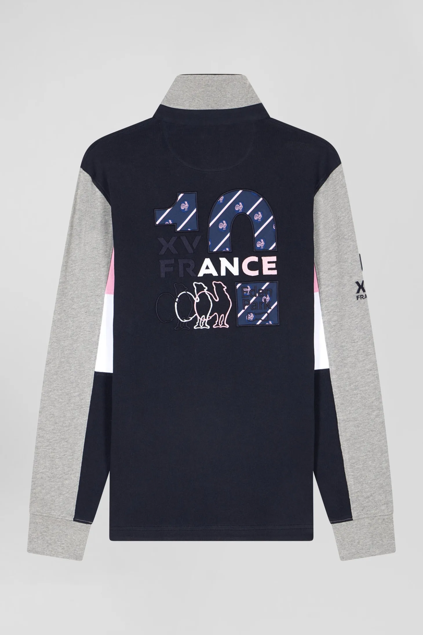 Regular navy blue XV de France long-sleeved cotton rugby shirt