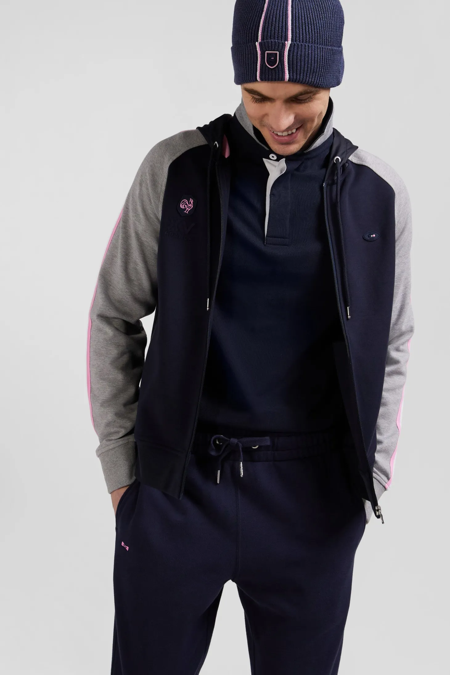 Regular navy blue XV de France long-sleeved cotton rugby shirt