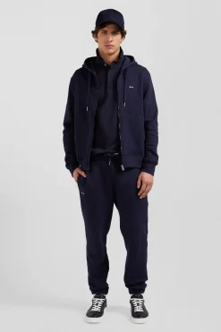 Regular navy blue zipped brushed cotton fleece hoodie
