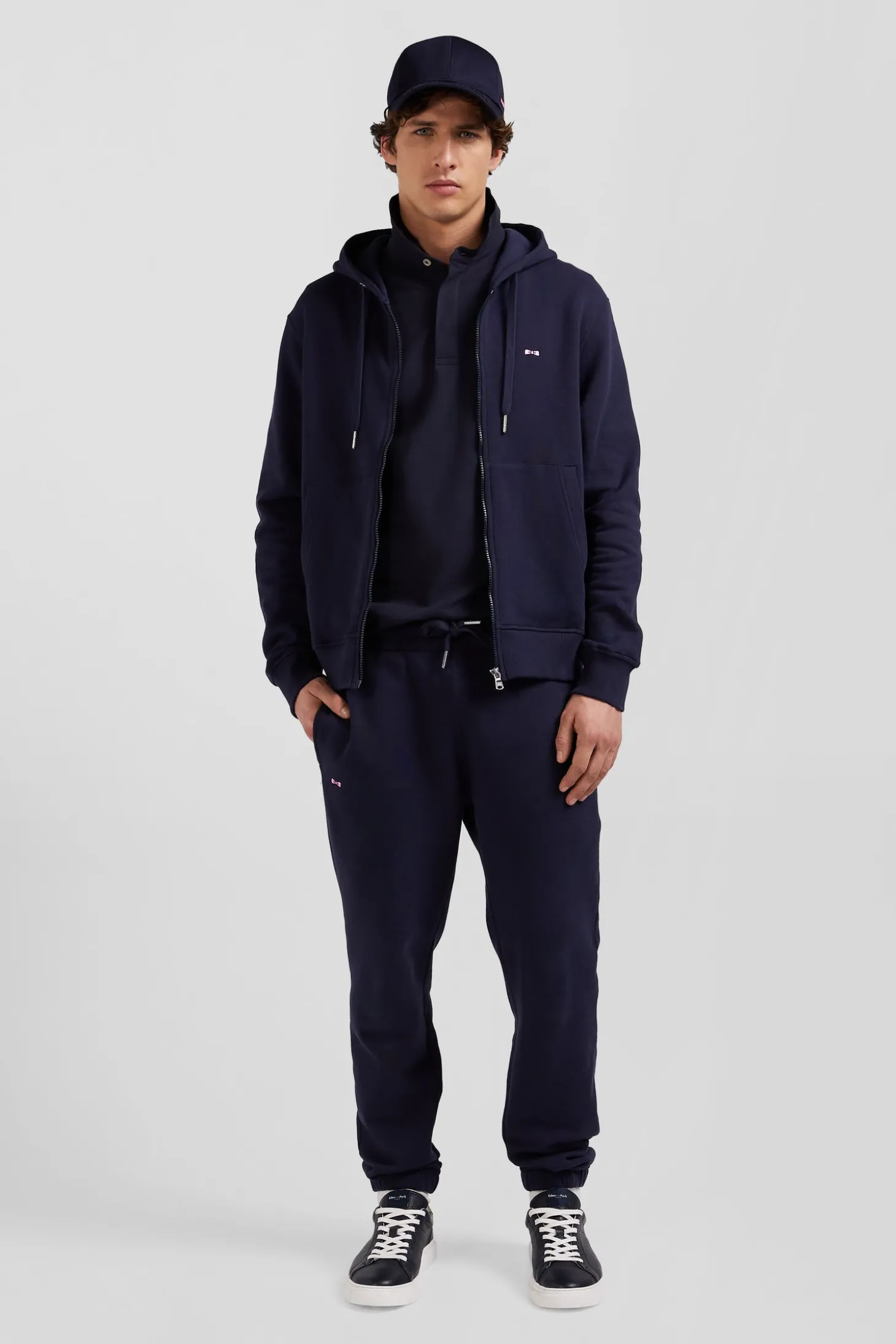 Regular navy blue zipped brushed cotton fleece hoodie