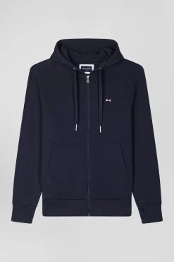 Regular navy blue zipped brushed cotton fleece hoodie