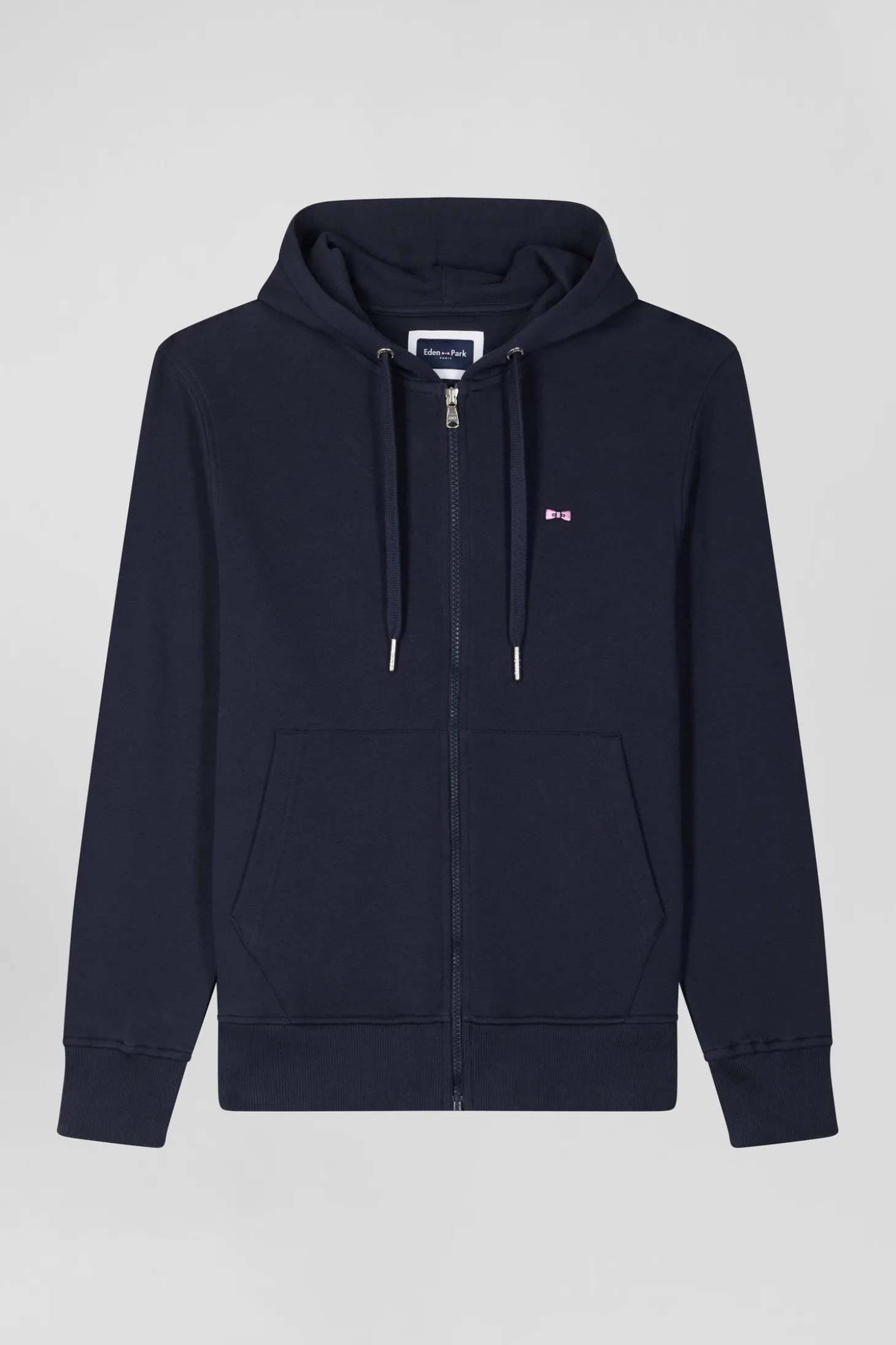 Regular navy blue zipped brushed cotton fleece hoodie