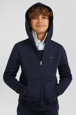 Regular navy blue zipped cotton hoodie