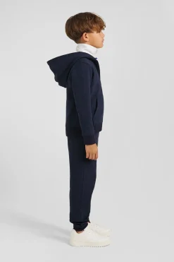 Regular navy blue zipped cotton hoodie