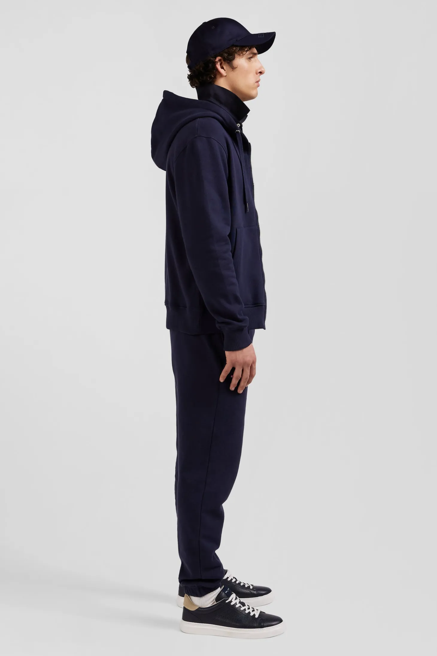 Regular navy blue zipped brushed cotton fleece hoodie