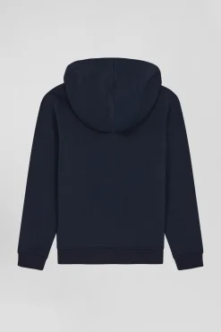 Regular navy blue zipped cotton hoodie