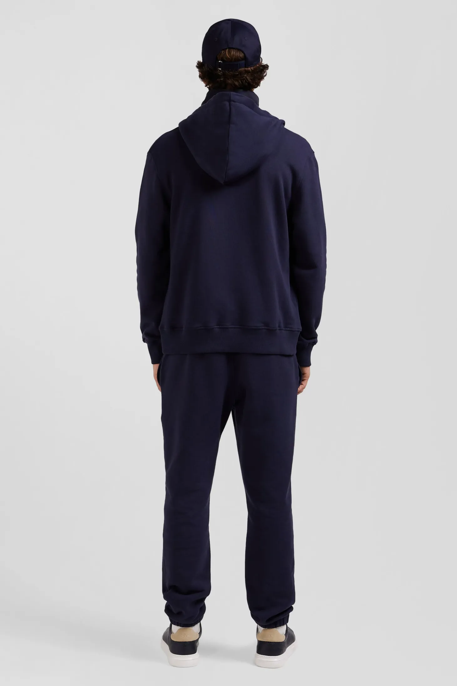 Regular navy blue zipped brushed cotton fleece hoodie