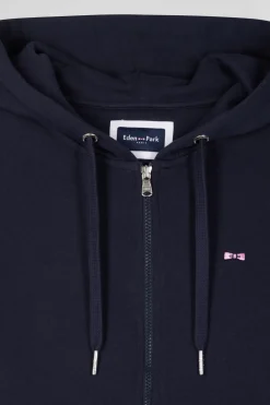 Regular navy blue zipped brushed cotton fleece hoodie