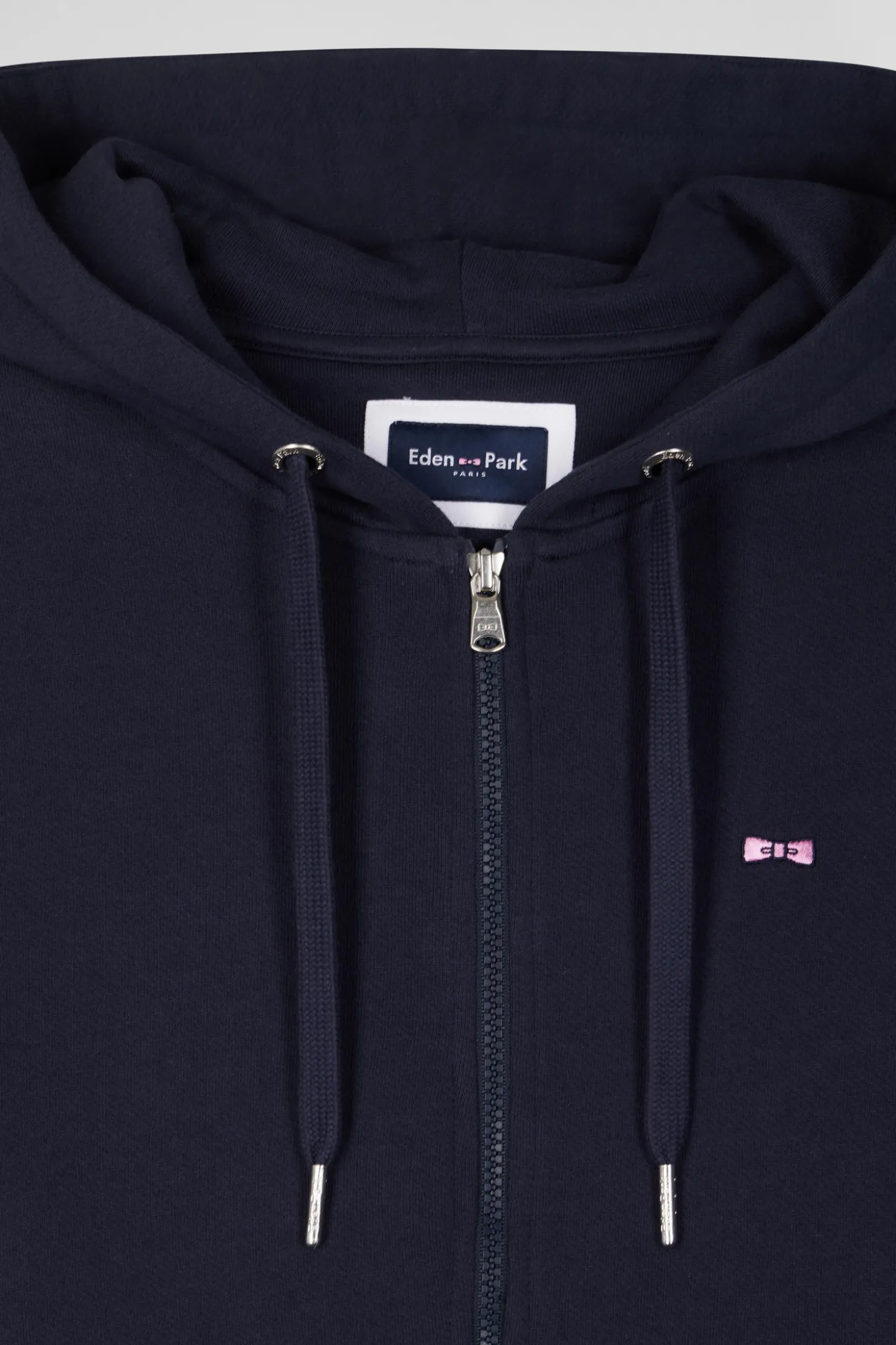 Regular navy blue zipped brushed cotton fleece hoodie