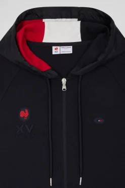 Regular navy blue zipped XV de France cotton blend hoodie