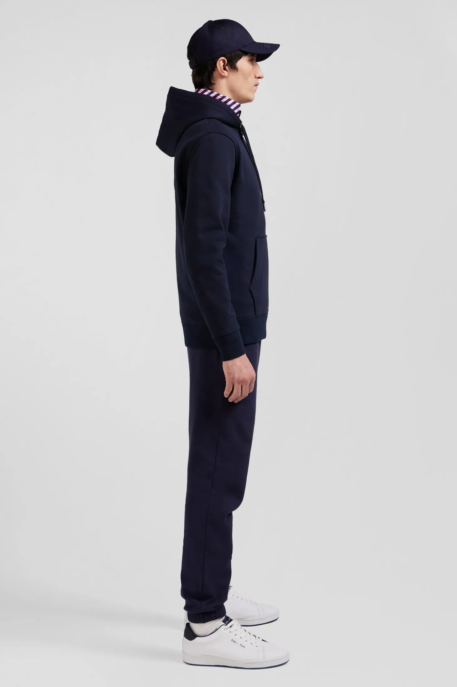 Regular navy brushed cotton fleece hoodie with Eden Park embroidery