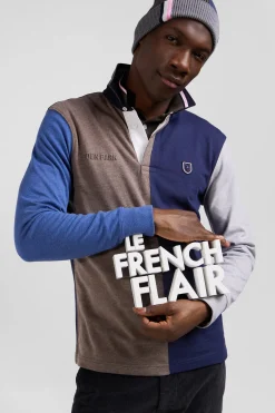 Regular navy colorblock long-sleeved cotton rugby shirt