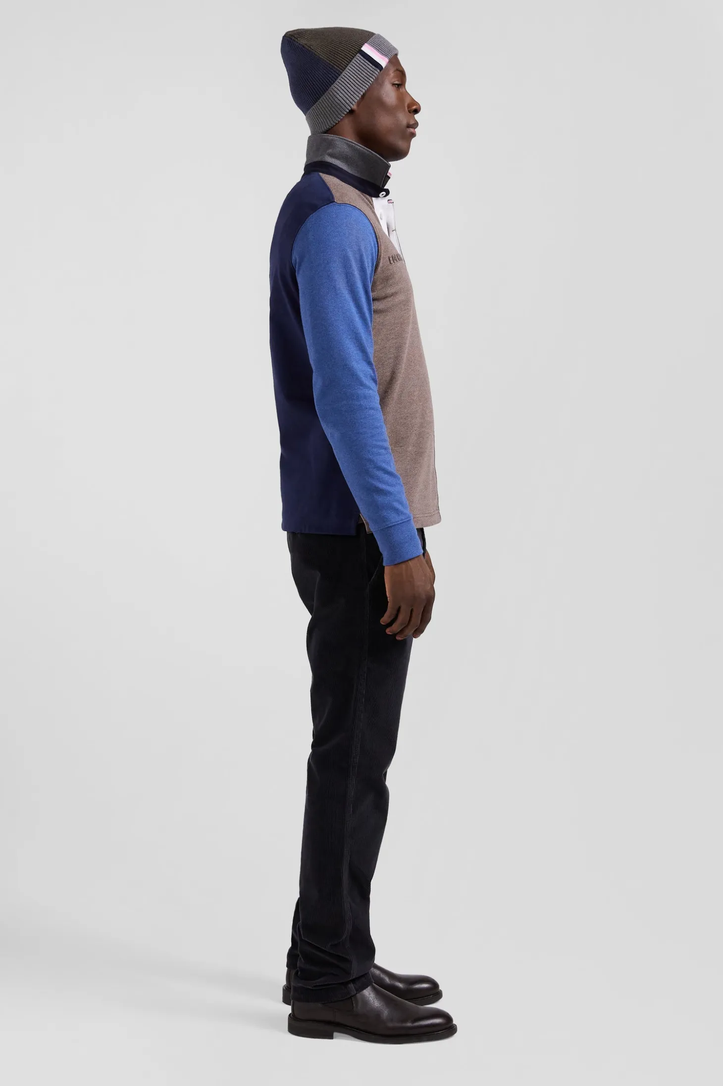 Regular navy colorblock long-sleeved cotton rugby shirt