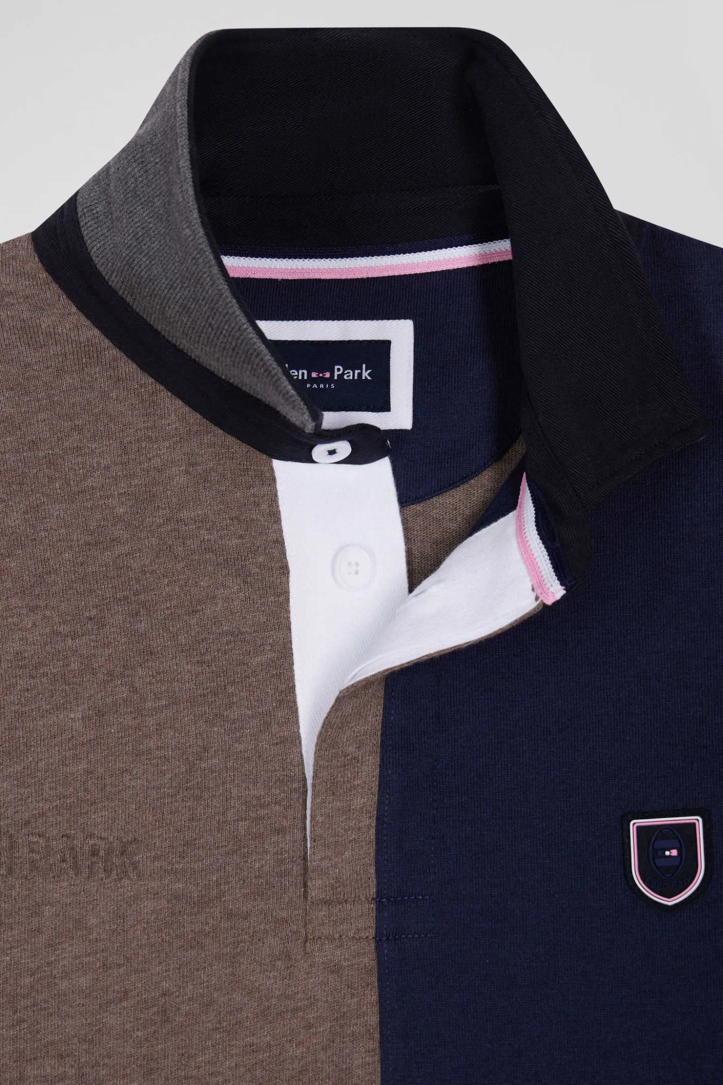 Regular navy colorblock long-sleeved cotton rugby shirt