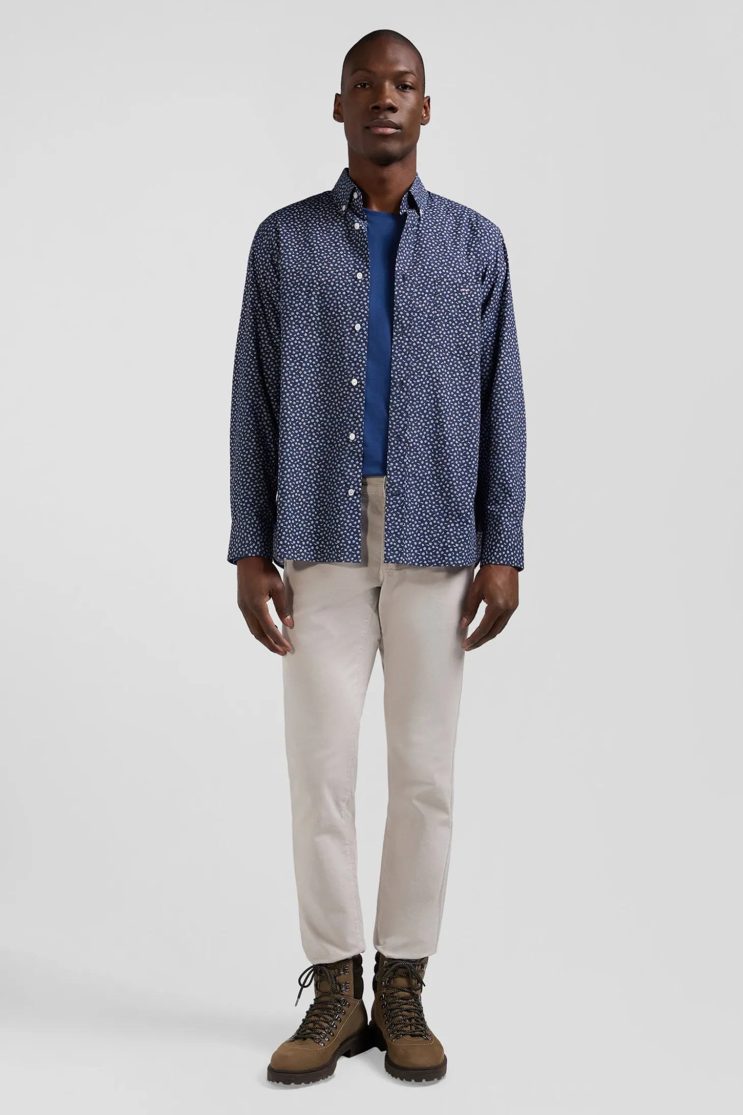 Regular navy cotton poplin shirt with micro floral print