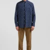Regular navy cotton poplin shirt with micro floral print