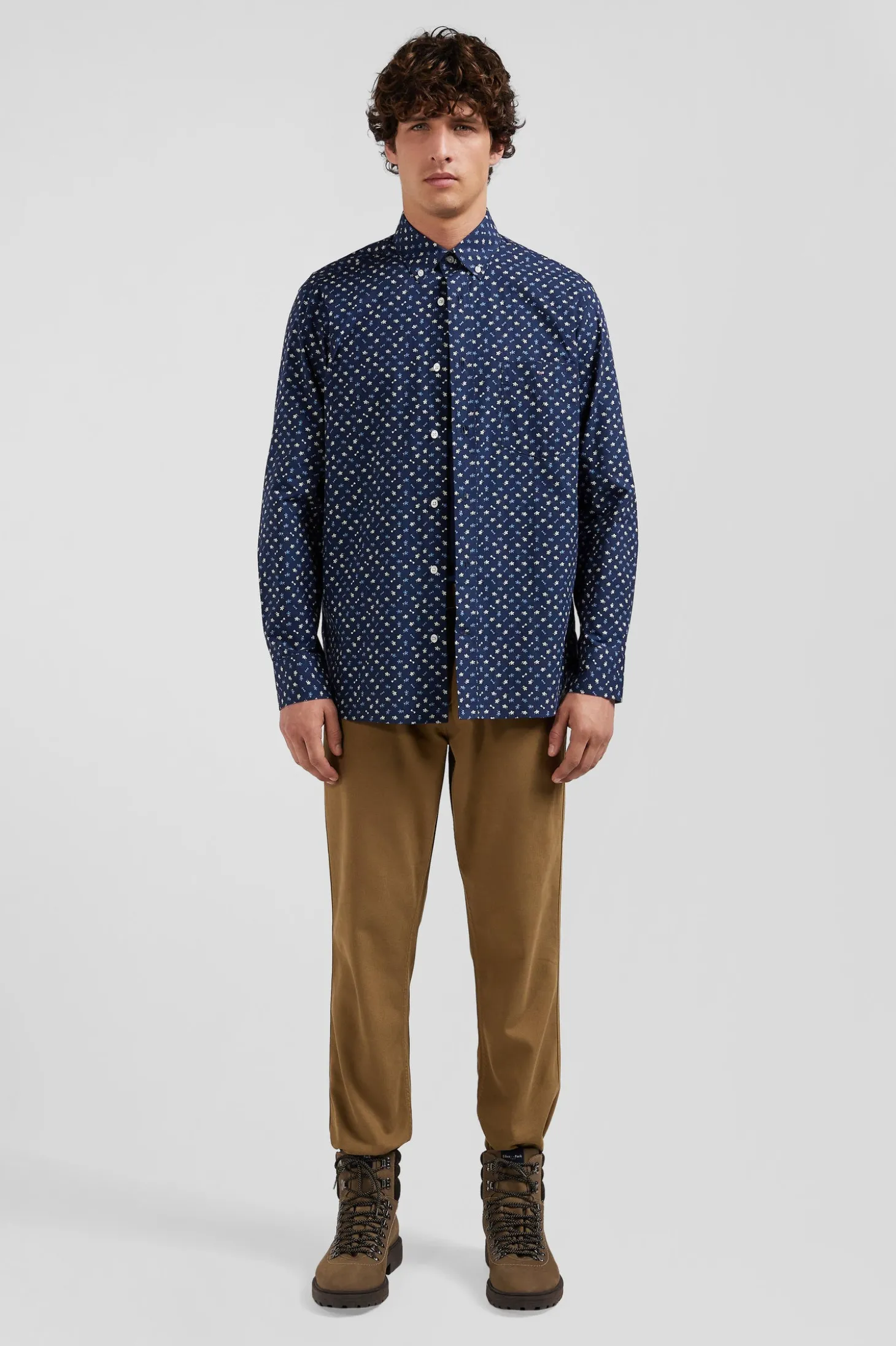 Regular navy cotton poplin shirt with micro floral print