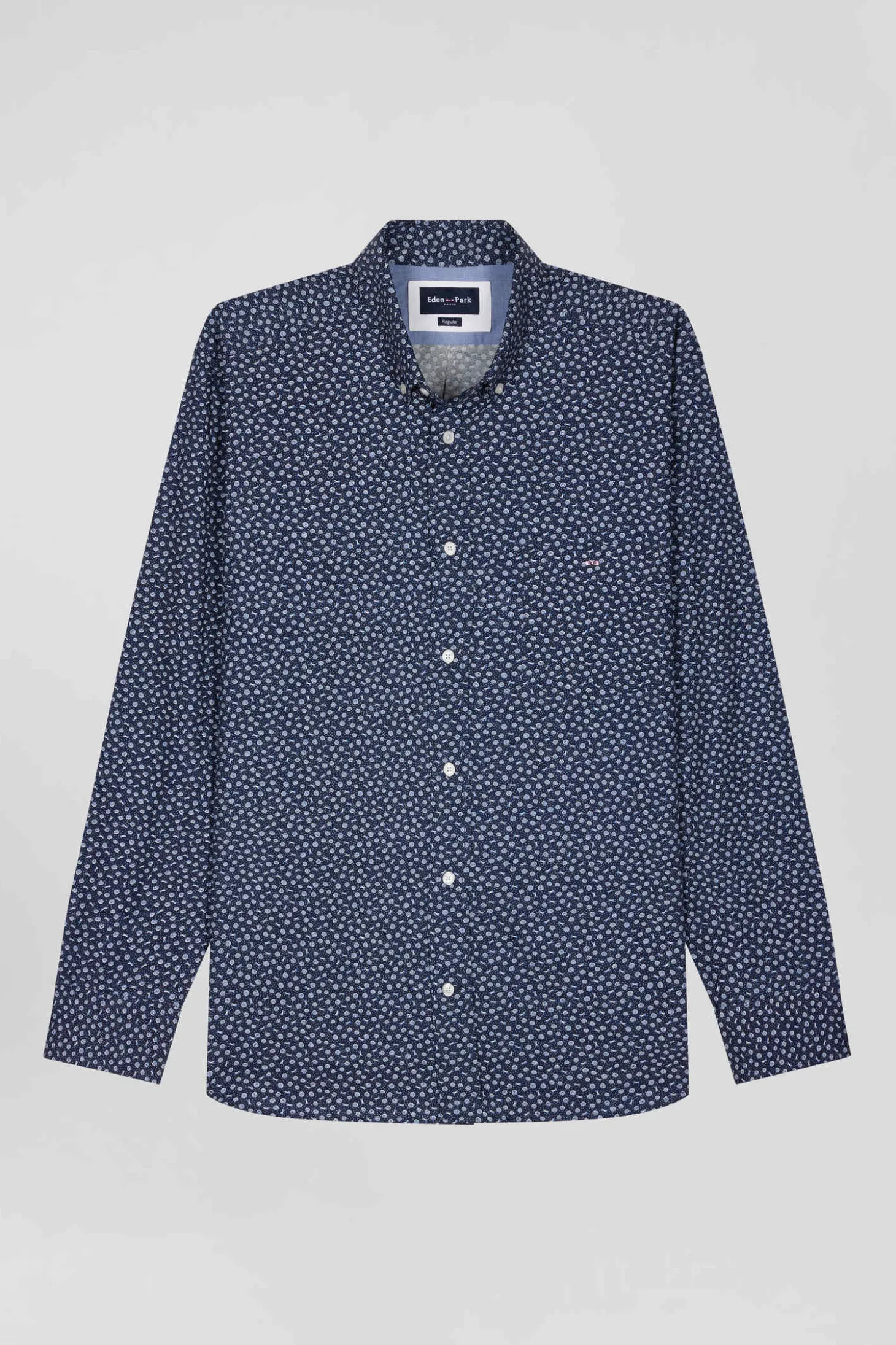 Regular navy cotton poplin shirt with micro floral print