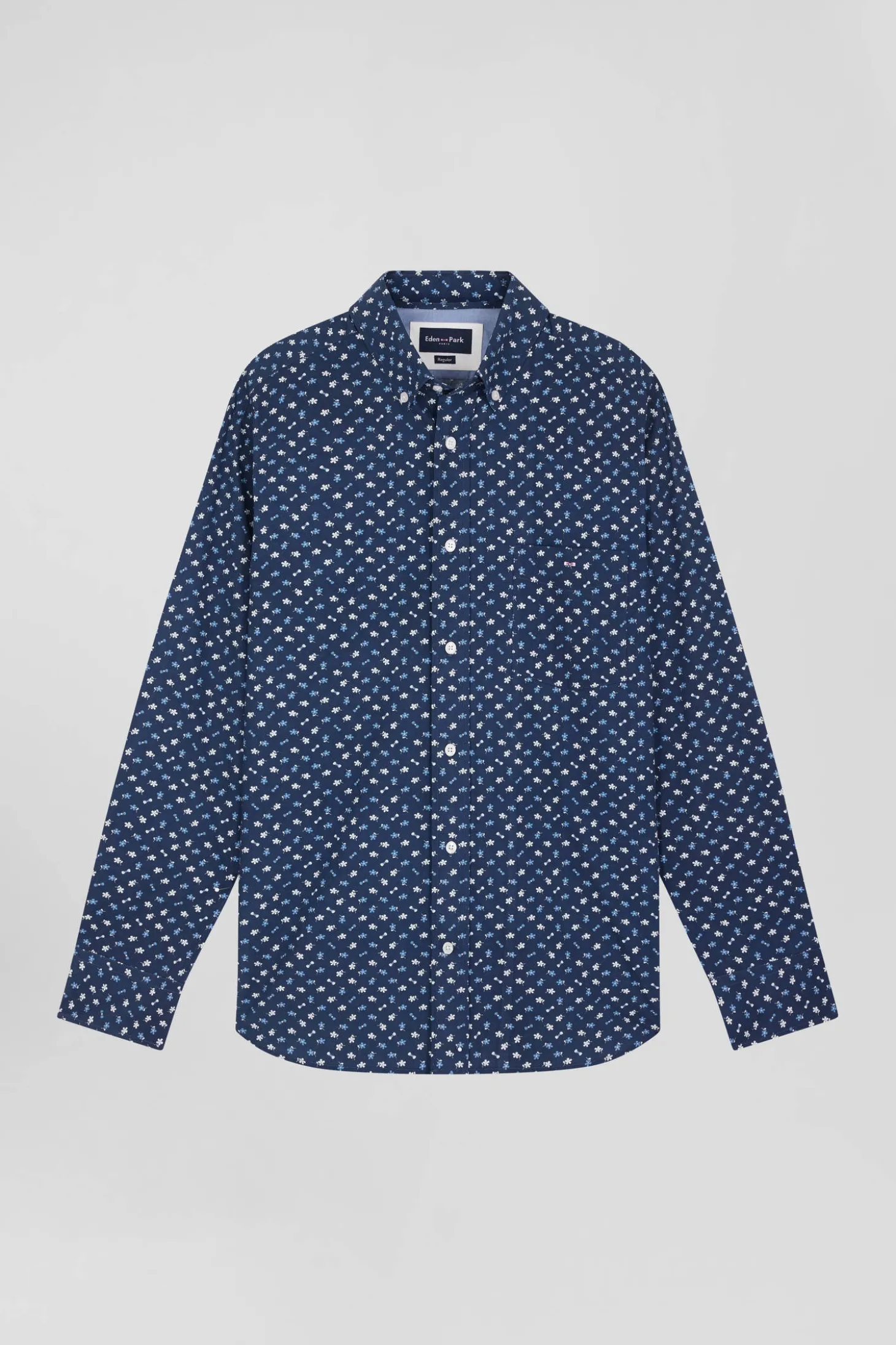 Regular navy cotton poplin shirt with micro floral print