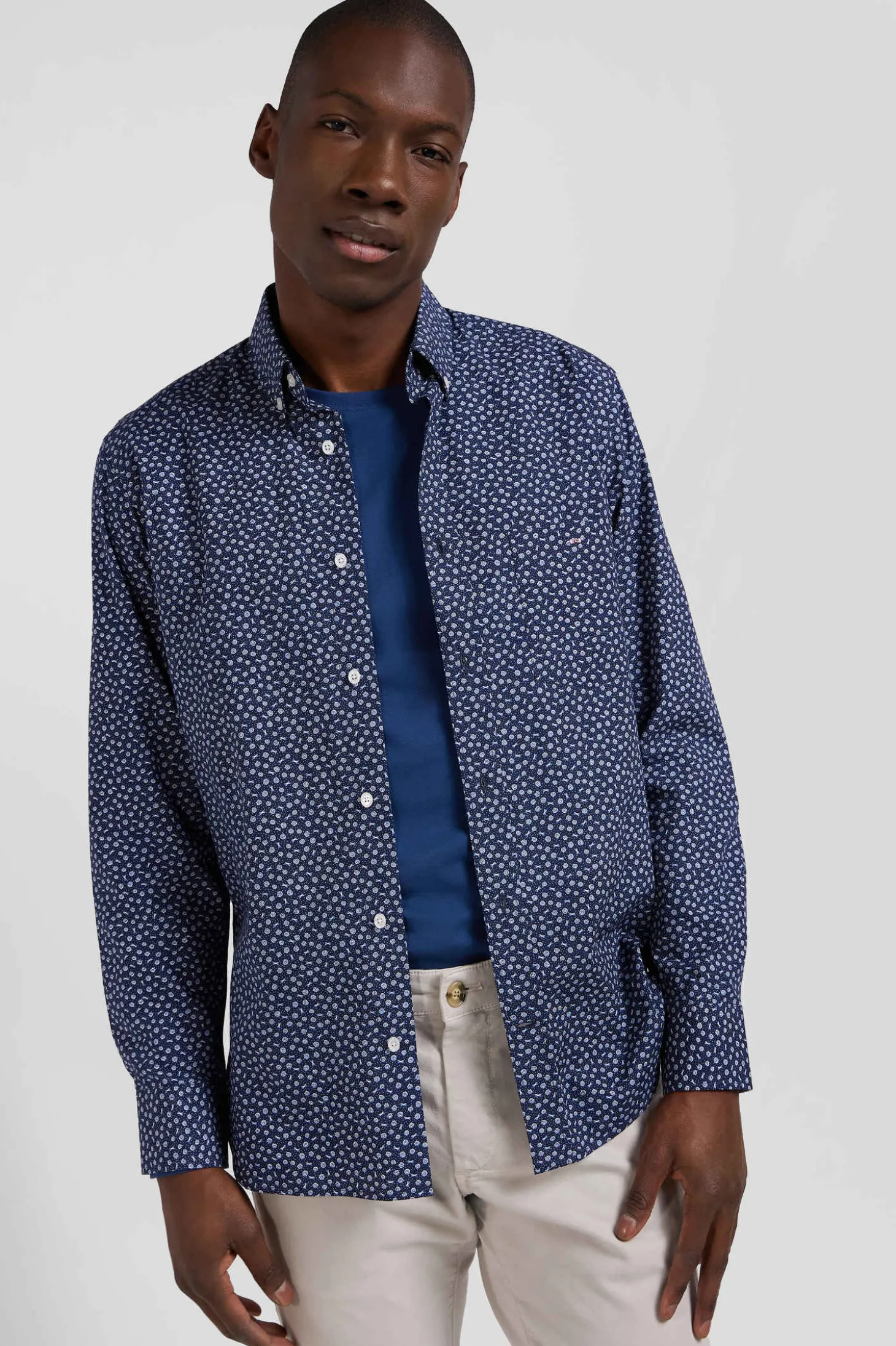 Regular navy cotton poplin shirt with micro floral print