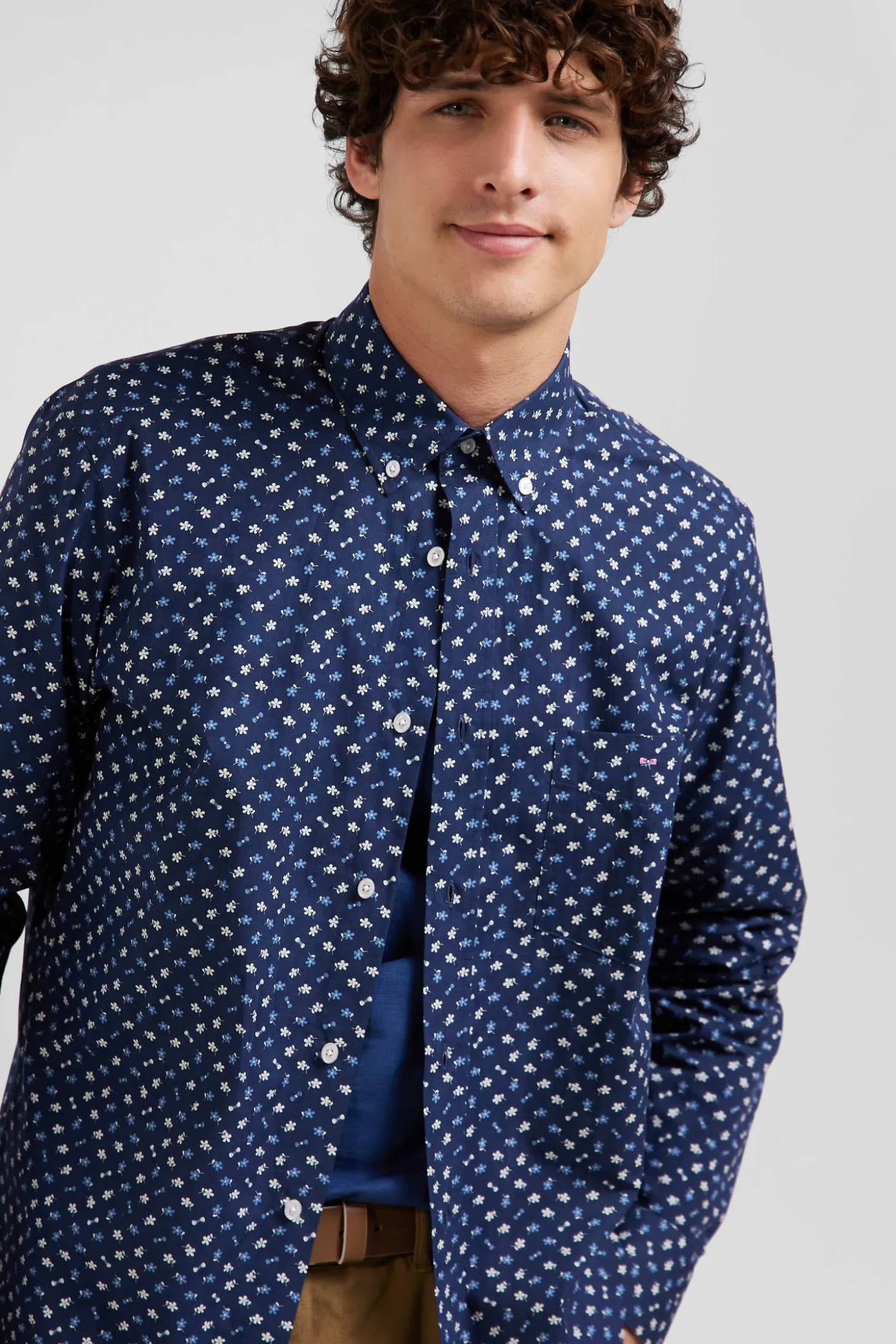 Regular navy cotton poplin shirt with micro floral print