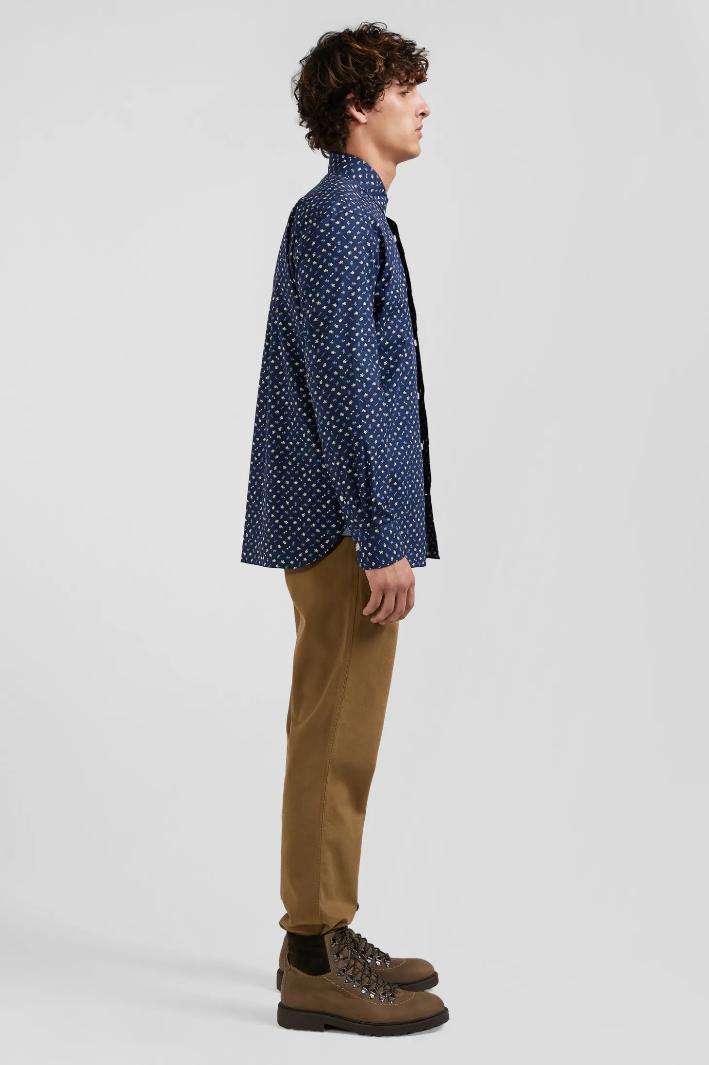 Regular navy cotton poplin shirt with micro floral print