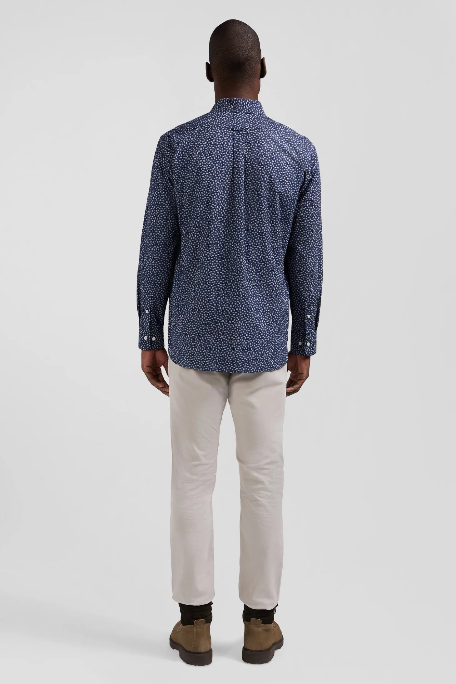 Regular navy cotton poplin shirt with micro floral print