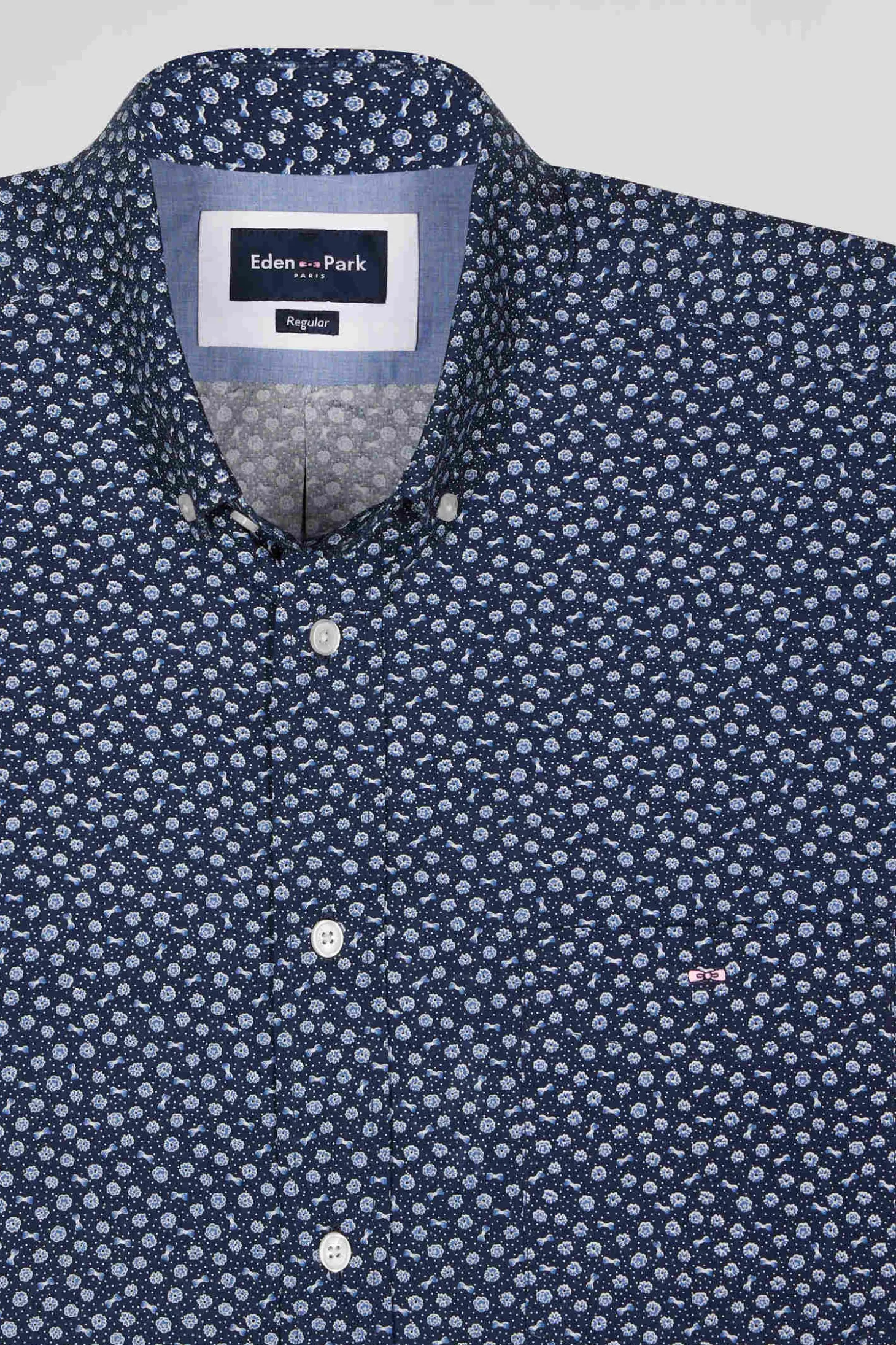 Regular navy cotton poplin shirt with micro floral print