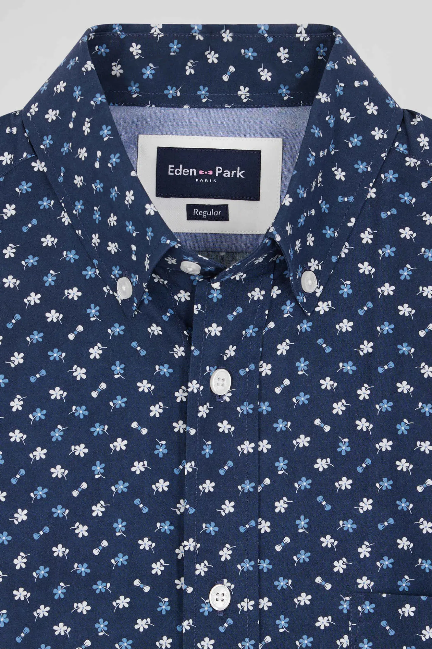 Regular navy cotton poplin shirt with micro floral print