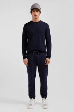 Regular navy long-sleeved cotton T-shirt with striped bow tie embroidery
