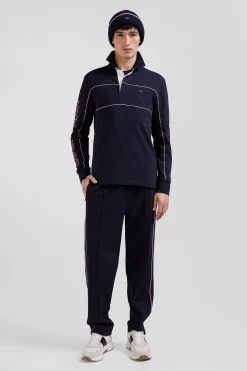 Regular navy long-sleeved cotton rugby shirt with pink piping and Eden Park embroidery