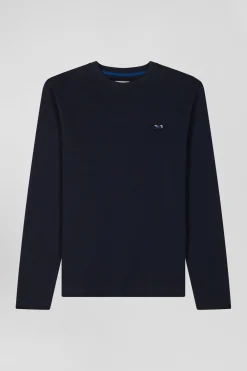 Regular navy long-sleeved cotton T-shirt with striped bow tie embroidery