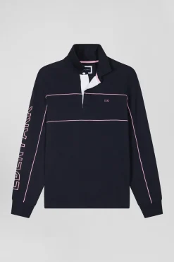 Regular navy long-sleeved cotton rugby shirt with pink piping and Eden Park embroidery