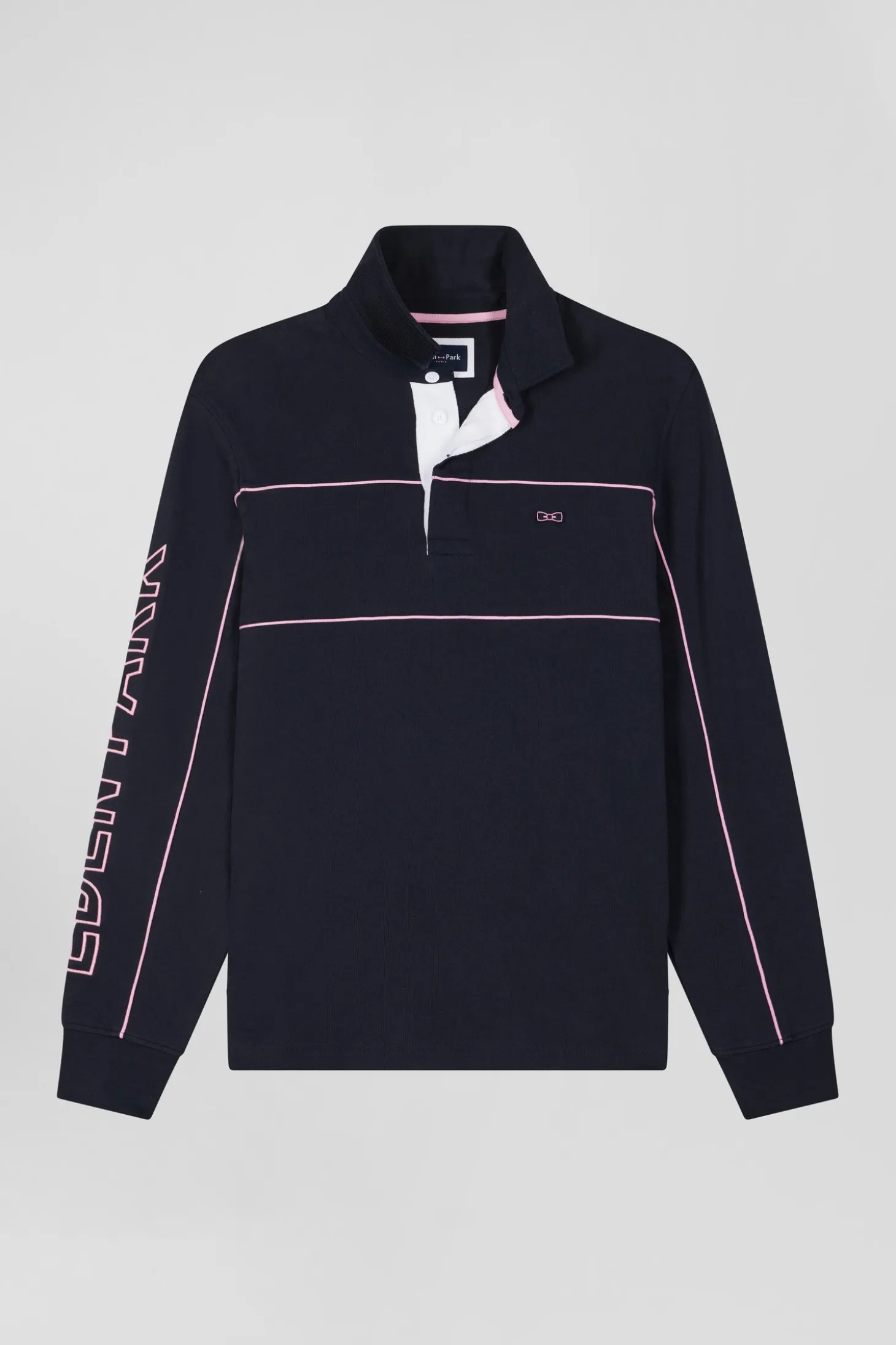 Regular navy long-sleeved cotton rugby shirt with pink piping and Eden Park embroidery