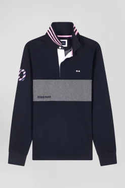 Regular navy long-sleeved cotton rugby shirt with sleeve N°10 embroidery