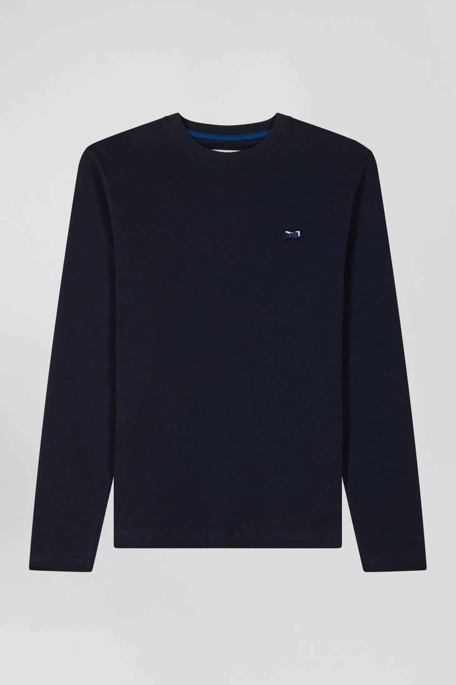 Regular navy long-sleeved cotton T-shirt with striped bow tie embroidery