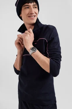 Regular navy long-sleeved cotton rugby shirt with pink piping and Eden Park embroidery