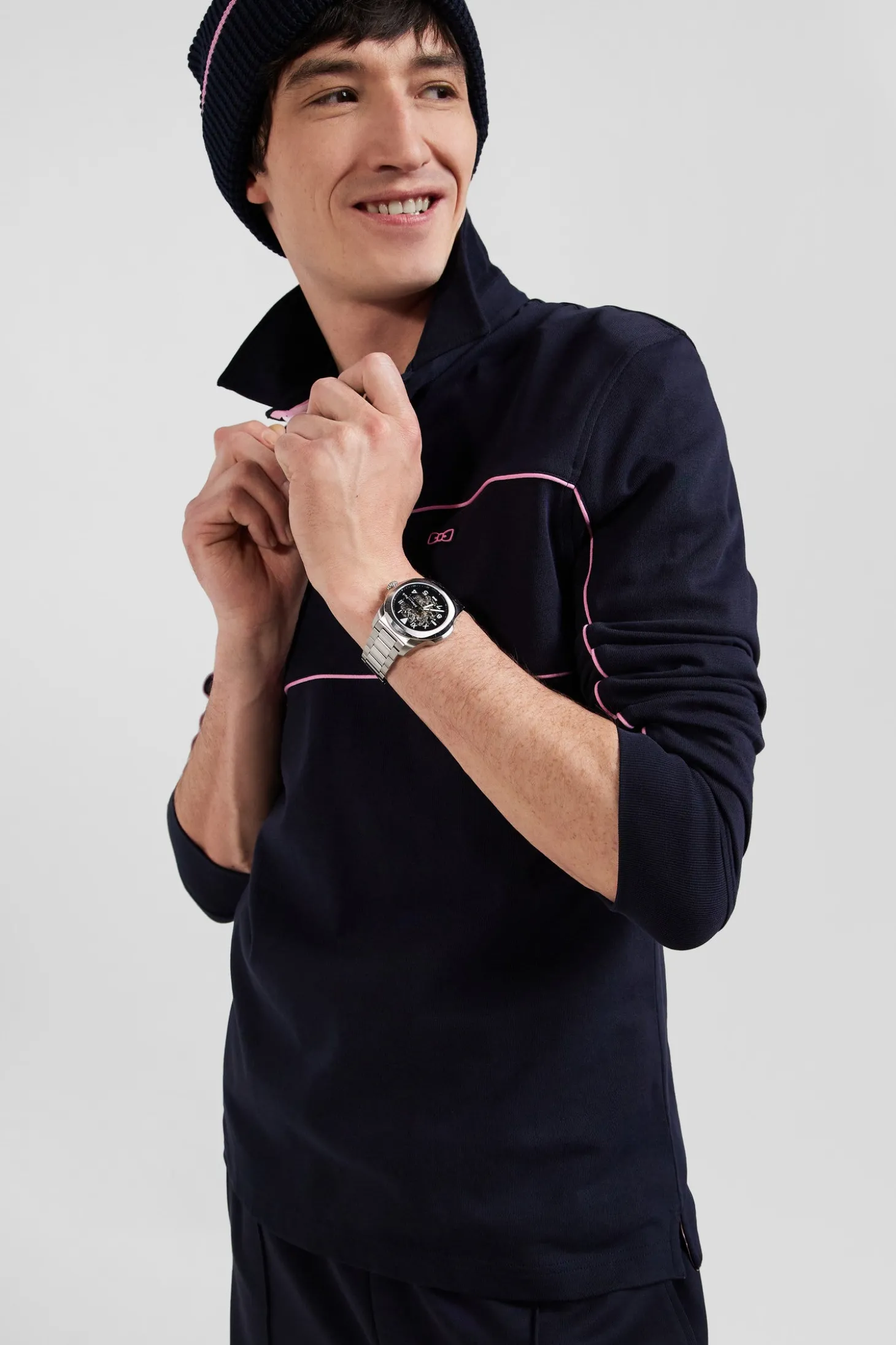 Regular navy long-sleeved cotton rugby shirt with pink piping and Eden Park embroidery